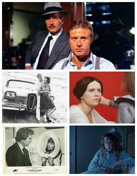 Best Picture 1974, clockwise from top: Winner THE STING; nominees CRIES AND WHISPERS, THE EXORCIST, A TOUCH OF CLASS, and AMERICAN GRAFITTI