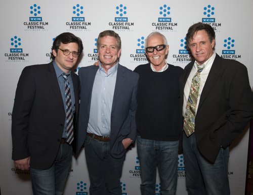 TCM host Ben Mankiewicz with David Zucker, Jim Abrahams and Robert Hays at Saturday's screening of AIRPLANE!