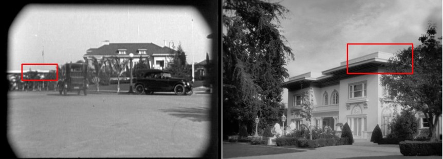 56 Fremont Place was home to Mary Pickford from August 1918 to August 1919. It appears in the background from this scene (above left) appearing in Charlie Chaplin's The Kid, and as the home of Peppy Miller in The Artist (above right). The box marks the same corner of the house in each image. 